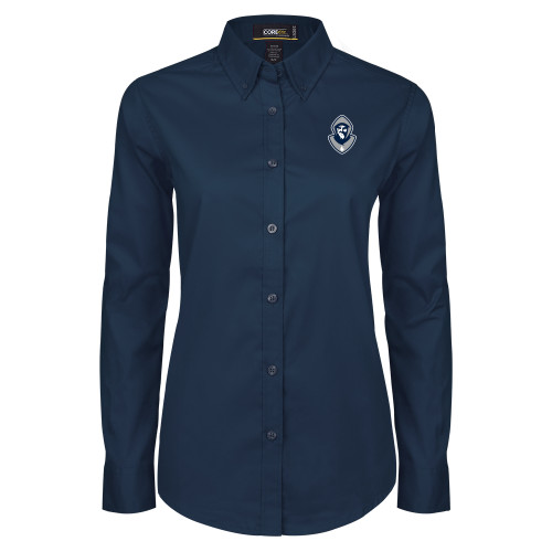  Womens Navy Twill Button Down Long Sleeve  - Hermit Mascot