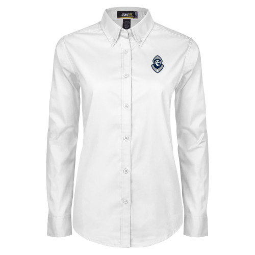 Womens White Twill Button Down Long Sleeve - Hermit Mascot