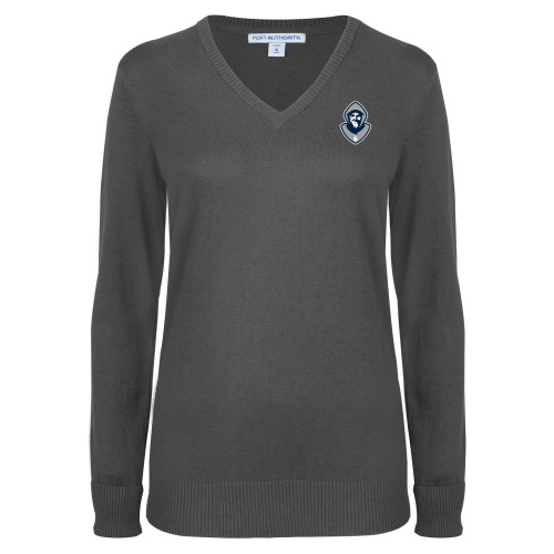  Womens Charcoal Heather VNeck Sweater - Hermit Mascot