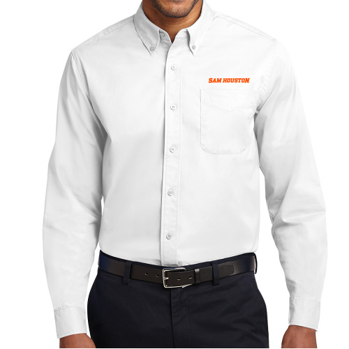  White Twill Button Down Long Sleeve - Sam Houston Wordmark EMB