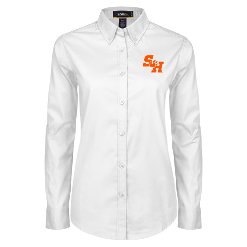  Womens White Twill Button Down Long Sleeve  - Primary Athletics Mark EMB