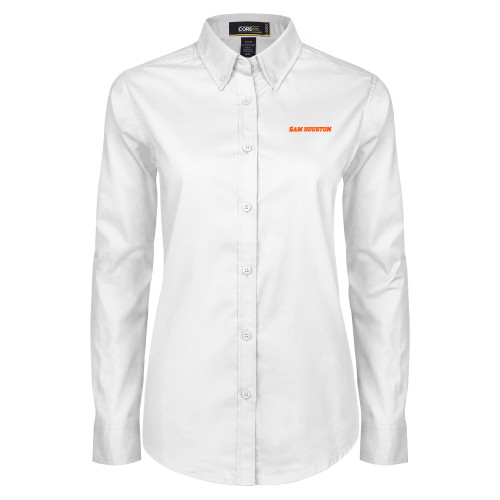  Womens White Twill Button Down Long Sleeve  - Sam Houston Wordmark EMB