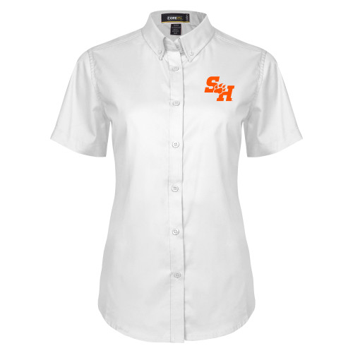  Womens White Twill Button Up Short Sleeve - Primary Athletics Mark EMB