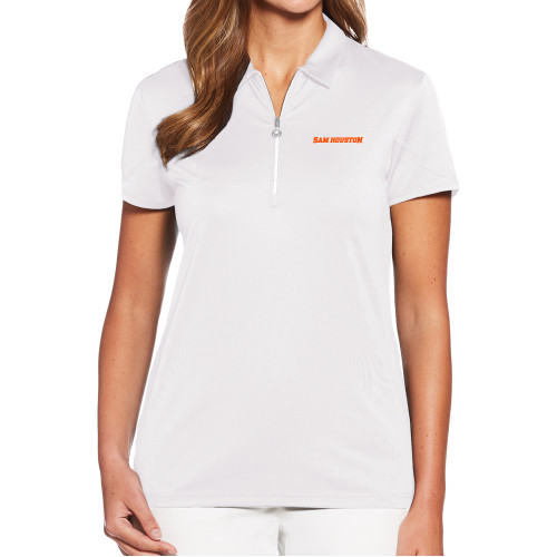  Callaway Womens White Tulip Sleeve Zip Polo - Sam Houston Wordmark EMB