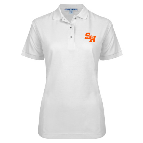  Womens Silk Touch White Pique Polo - Primary Athletics Mark EMB