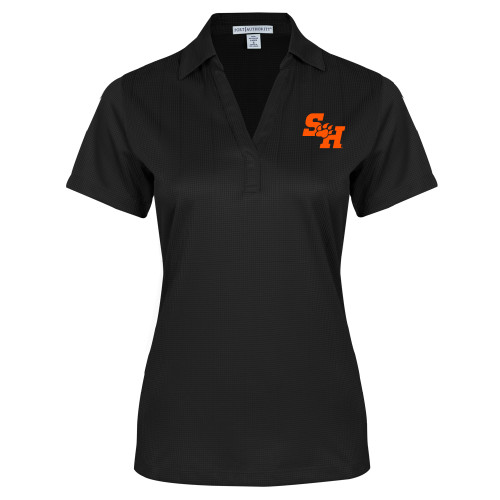  Womens Black Performance Fine Jacquard Polo - Primary Athletics Mark EMB