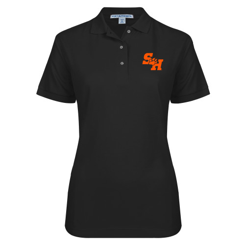  Womens Silk Touch Black Pique Polo - Primary Athletics Mark EMB