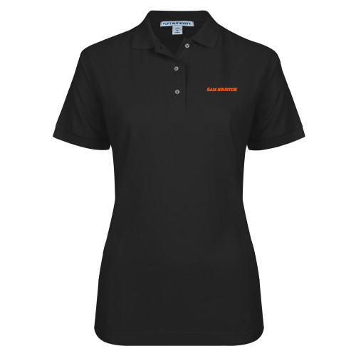  Womens Silk Touch Black Pique Polo - Sam Houston Wordmark EMB