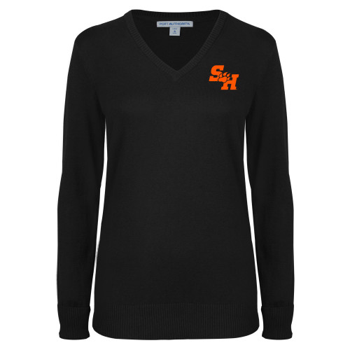  Womens Black VNeck Sweater - Primary Athletics Mark EMB