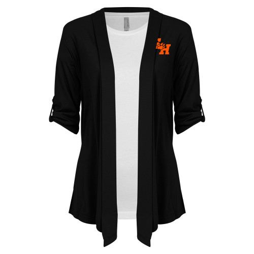  Womens Black Drape Front Cardigan Sweater - Primary Athletics Mark EMB