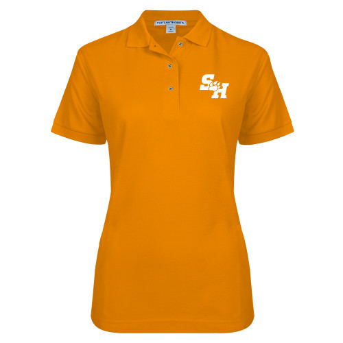  Womens Silk Touch Orange Pique Polo - Primary Athletics Mark EMB