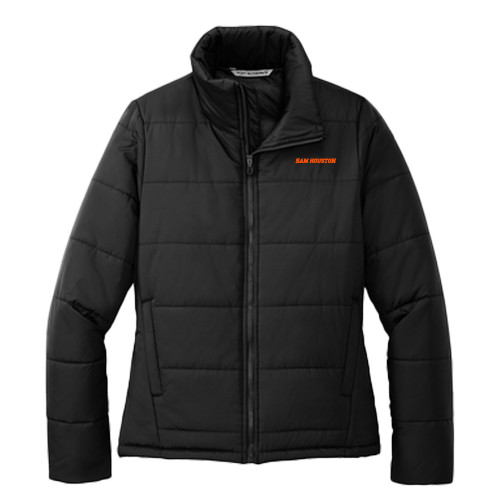  Womens Black Puffer Jacket - Sam Houston Wordmark EMB