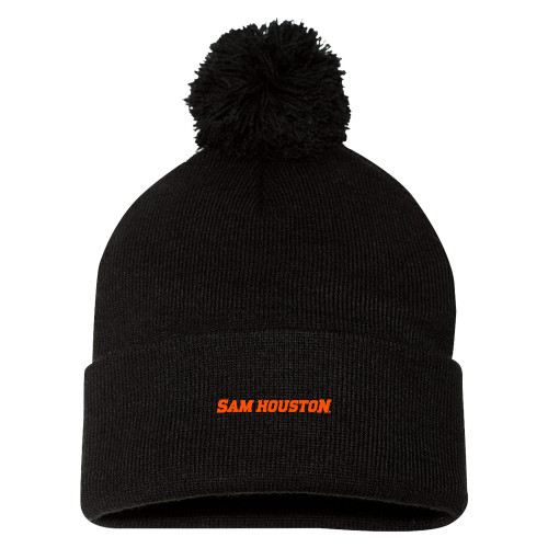  Sportsman Black Pom Pom Cuffed Beanie - Sam Houston Wordmark EMB