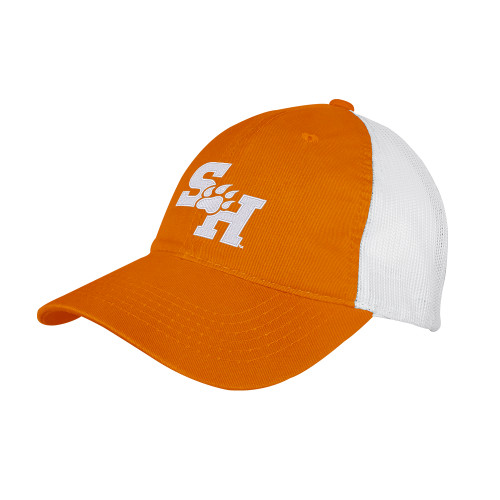  Orange/White Mesh Back Unstructured Low Profile Hat - Primary Athletics Mark EMB