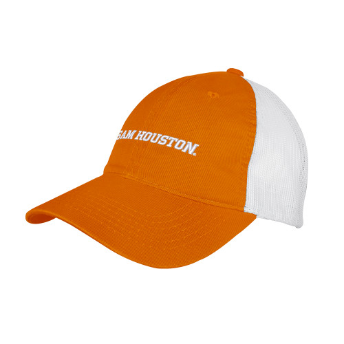  Orange/White Mesh Back Unstructured Low Profile Hat - Sam Houston Wordmark EMB