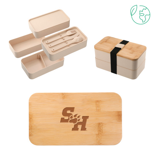  Stackable Bamboo Fiber Beige Bento Box - Primary Athletics Mark Engraved