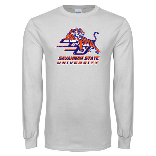  White Long Sleeve T Shirt - SSU w/ Tiger Savannah  State University Stacked Distressed