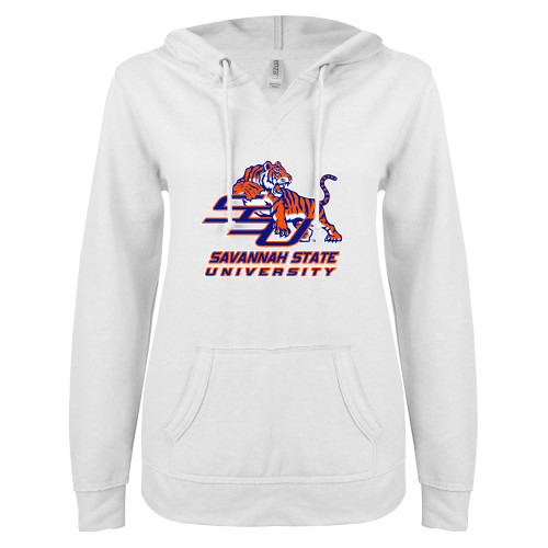  ENZA Womens White V Notch Raw Edge Fleece Hoodie - Official Logo