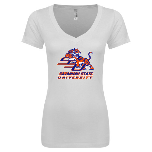  Next Level Womens White Ideal V Tee - Official Logo