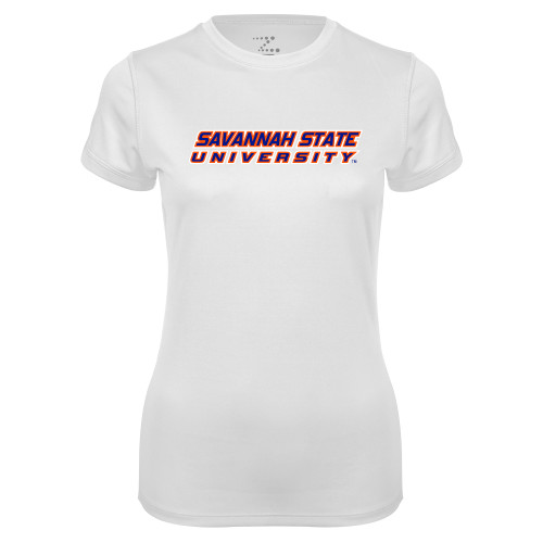  Womens White Performance Tee - Horizontal Mark