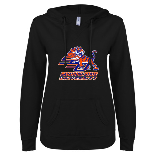 Savannah State ENZA Womens Black V Notch Raw Edge Fleece Hoodie