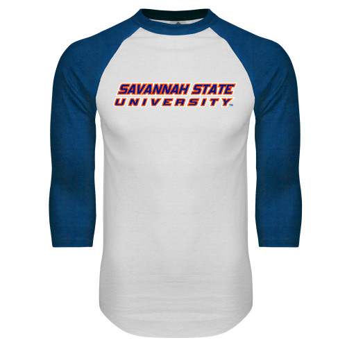  White/Royal Raglan Baseball T Shirt - Horizontal Mark