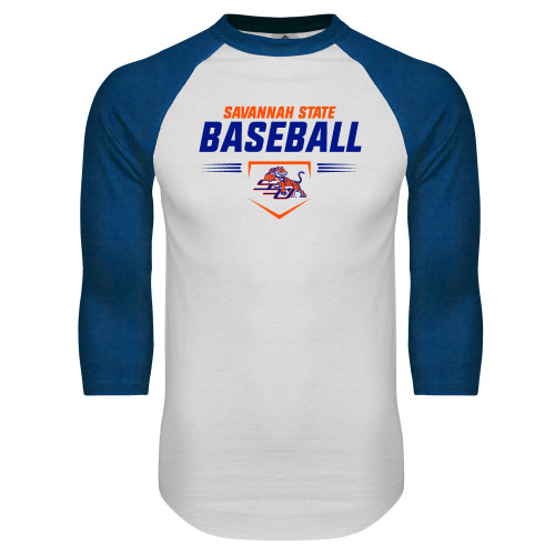  White/Royal Raglan Baseball T Shirt - Baseball Design