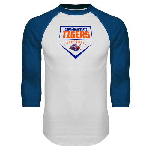  White/Royal Raglan Baseball T Shirt - Softball Plate Design