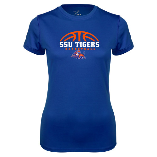  Womens Royal Performance Tee - Stacked Basketball Design