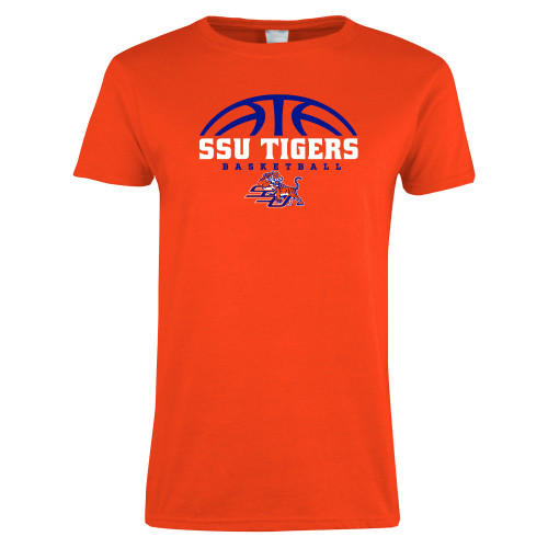  Womens Orange Short Sleeve Tee - Stacked Basketball Design