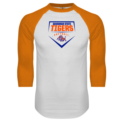  White/Orange Raglan Baseball T Shirt - Softball Plate Design