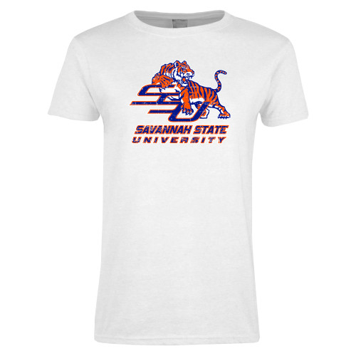  Womens White Short Sleeve Tee - SSU w/ Tiger Savannah  State University Stacked Distressed