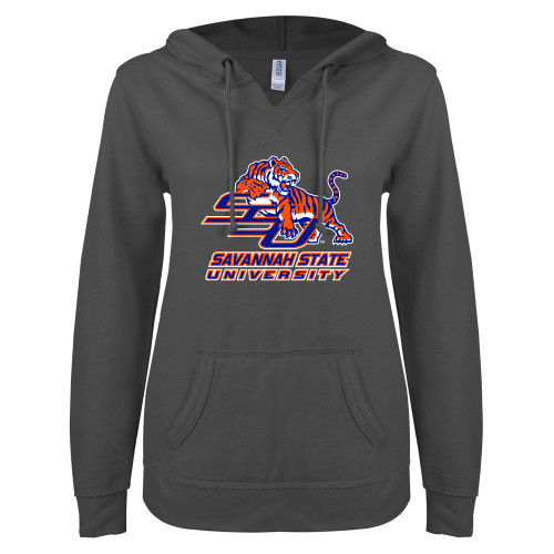  ENZA Womens Dark Heather V Notch Raw Edge Fleece Hoodie - Official Logo