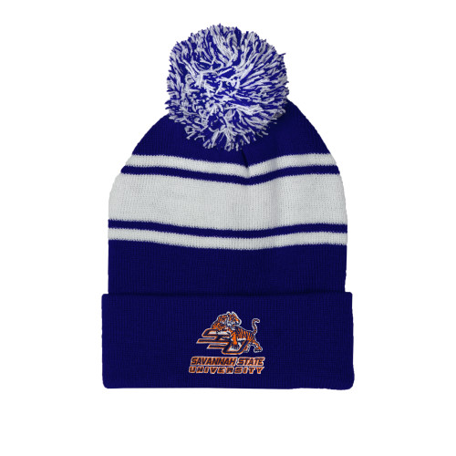  Royal/White Two Tone Knit Pom Beanie w/Cuff - Official Logo