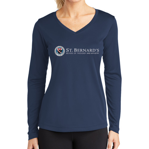  Womens Navy Performance Long Sleeve V Neck Shirt - Primary Mark
