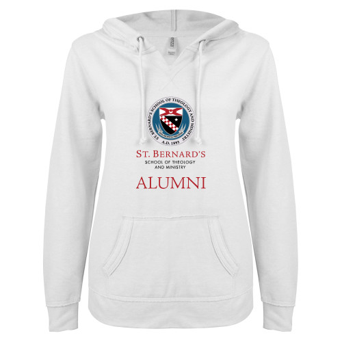  ENZA Womens White V Notch Raw Edge Fleece Hoodie - St. Bernards Alumni