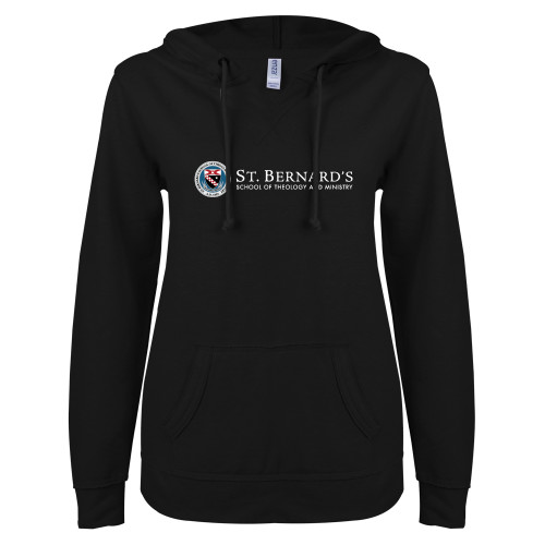  ENZA Womens Black V Notch Raw Edge Fleece Hoodie - Primary Mark