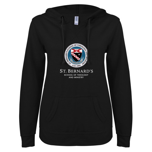  ENZA Womens Black V Notch Raw Edge Fleece Hoodie - Stacked Primary