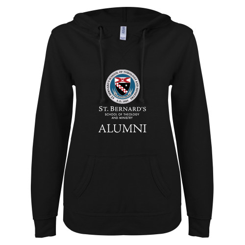  ENZA Womens Black V Notch Raw Edge Fleece Hoodie - St. Bernards Alumni