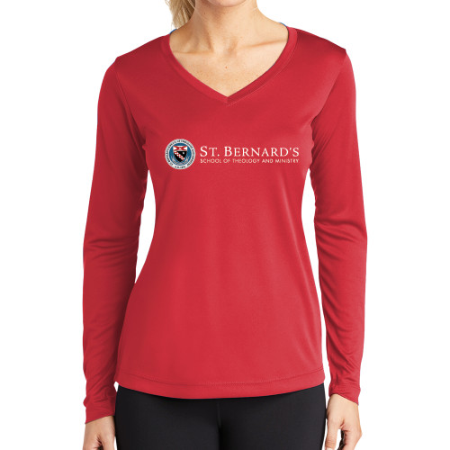  Womens Red Performance Long Sleeve V Neck Shirt - Primary Mark