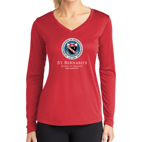  Womens Red Performance Long Sleeve V Neck Shirt - Stacked Primary