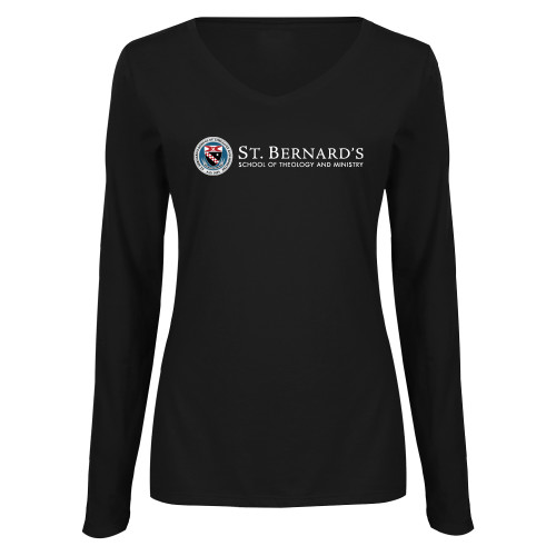  Womens Black Long Sleeve V Neck Tee  - Primary Mark
