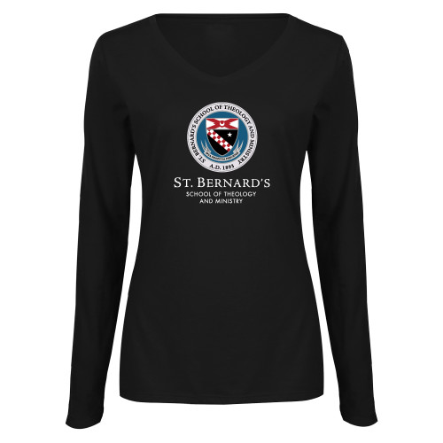  Womens Black Long Sleeve V Neck Tee  - Stacked Primary