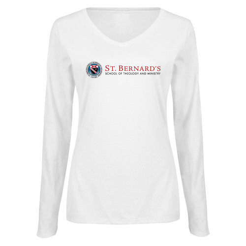  Womens White Long Sleeve V Neck Tee - Primary Mark
