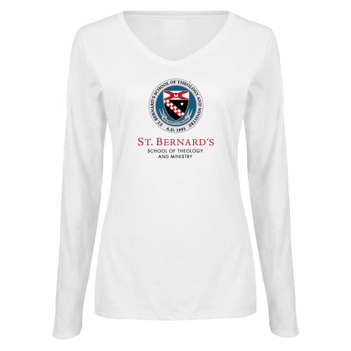  Womens White Long Sleeve V Neck Tee - Stacked Primary