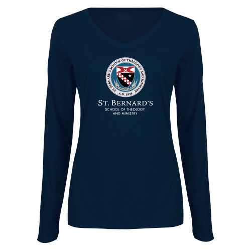  Womens Navy Long Sleeve V Neck Tee - Stacked Primary