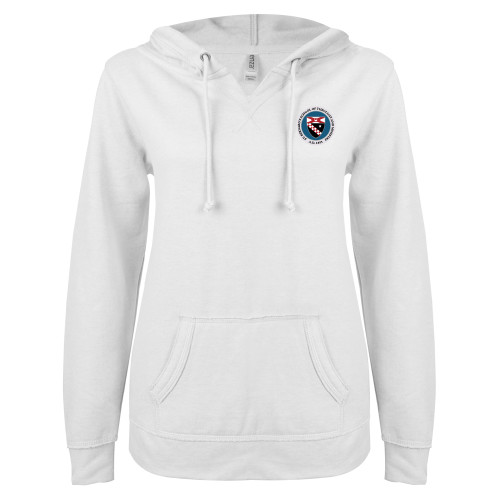  ENZA Womens White V Notch Raw Edge Fleece Hoodie - Primary Seal
