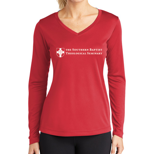Womens Red Performance Long Sleeve V Neck Shirt-Primary Mark