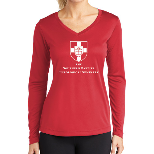 Womens Red Performance Long Sleeve V Neck Shirt-Primary Mark Vertical