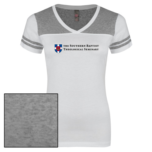 Womens White/Heather Grey Varsity V Neck Tee -Primary Mark